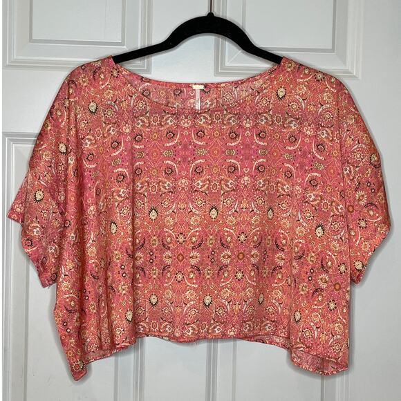 Free People Marion Pink Printed Silky Crop Split Back Shirt Size 10 Floral - Picture 4 of 12